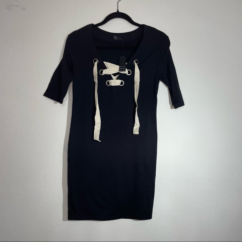 Michelle Comune Lace Up Bodycon Mini Dress Black M NWT